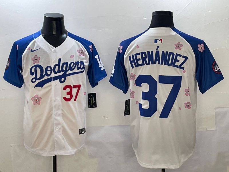 Men Los Angeles Dodgers #37 Hernandez White Blue Sakura Edition 2025 Nike MLB Jersey style 4->->